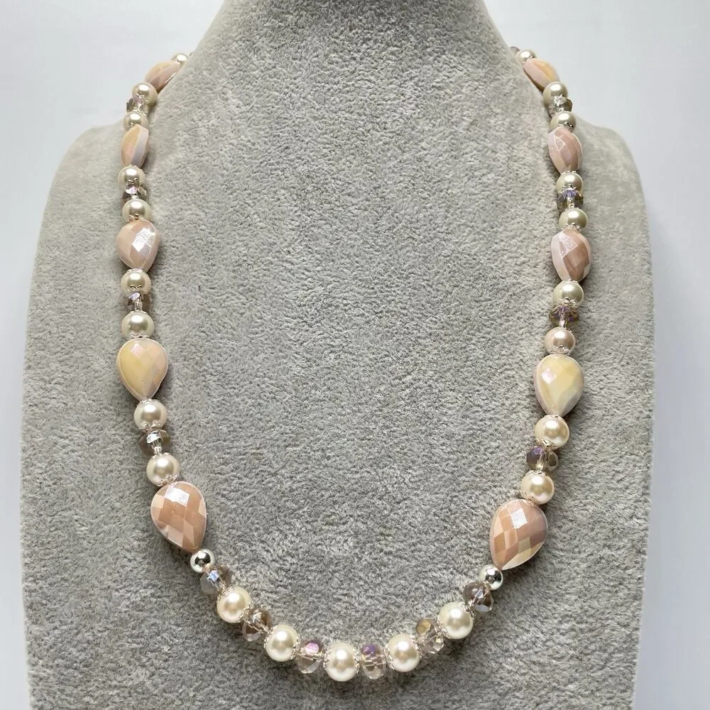 Artisan Blush Beige Pear Cut Glass Beaded Faux Pearl Necklace Earrings Set